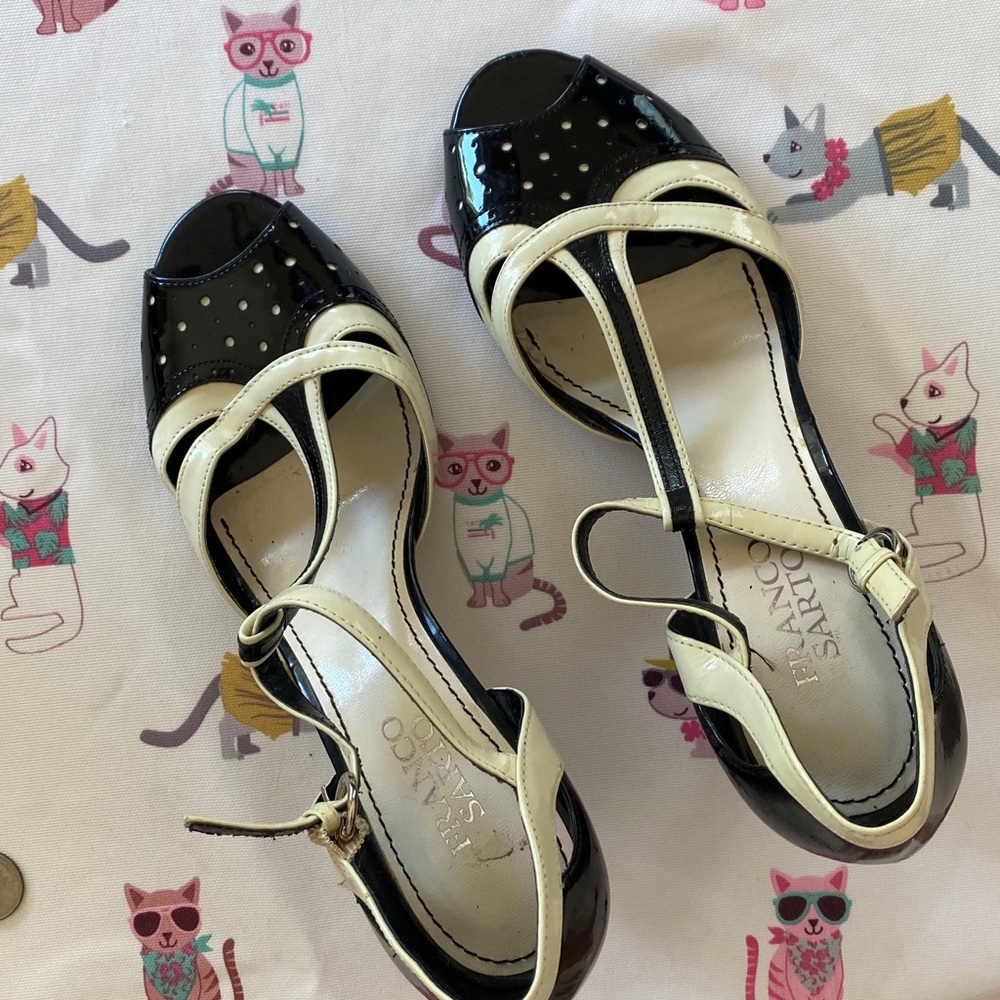 Franco Sarto Black and Cream Peep Toe Heels SZ 8